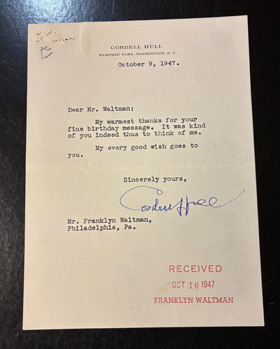 Cordell hull lettera - cordell, firmata